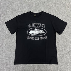 White Graphic Print Black T-Shirt Unisex Streetwear Casual Short Sleeve Tee