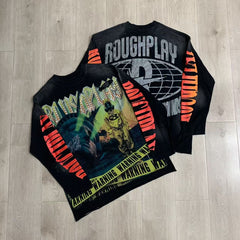Vintage Washed Hazard Graphic Oversized Long Sleeve T-Shirt