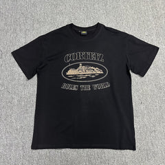 Beige Graphic Print Black T-Shirt Unisex Streetwear Casual Short Sleeve Tee