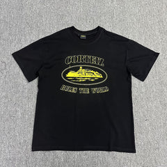 Yellow Graphic Print Black T-Shirt Unisex Streetwear Casual Short Sleeve Tee