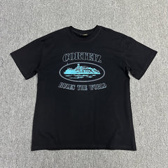 Blue Graphic Print Black T-Shirt Unisex Streetwear Casual Short Sleeve Tee