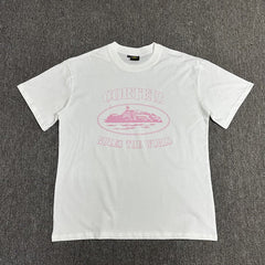 Pink Graphic Print White T-Shirt Unisex Streetwear Casual Short Sleeve Tee
