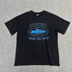 Blue Graphic Print Black T-Shirt Unisex Streetwear Casual Short Sleeve Tee
