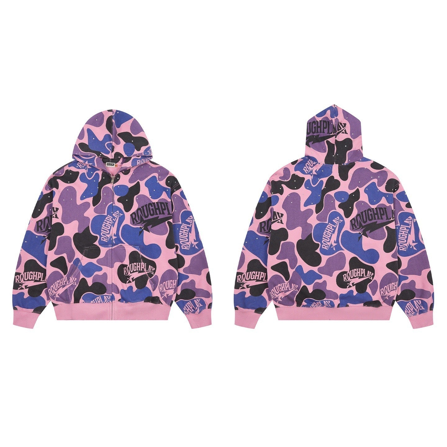 ROUGHPLAY Pink Camo Full Zip Hoodie – Oversized All-Over Print Streetwear Zip-Up Jacket