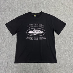White Graphic Print Black T-Shirt Unisex Streetwear Casual Short Sleeve Tee