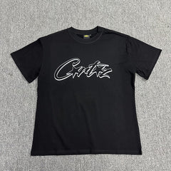 White Outline Graphic Print Black T-Shirt Unisex Streetwear Casual Short Sleeve Tee