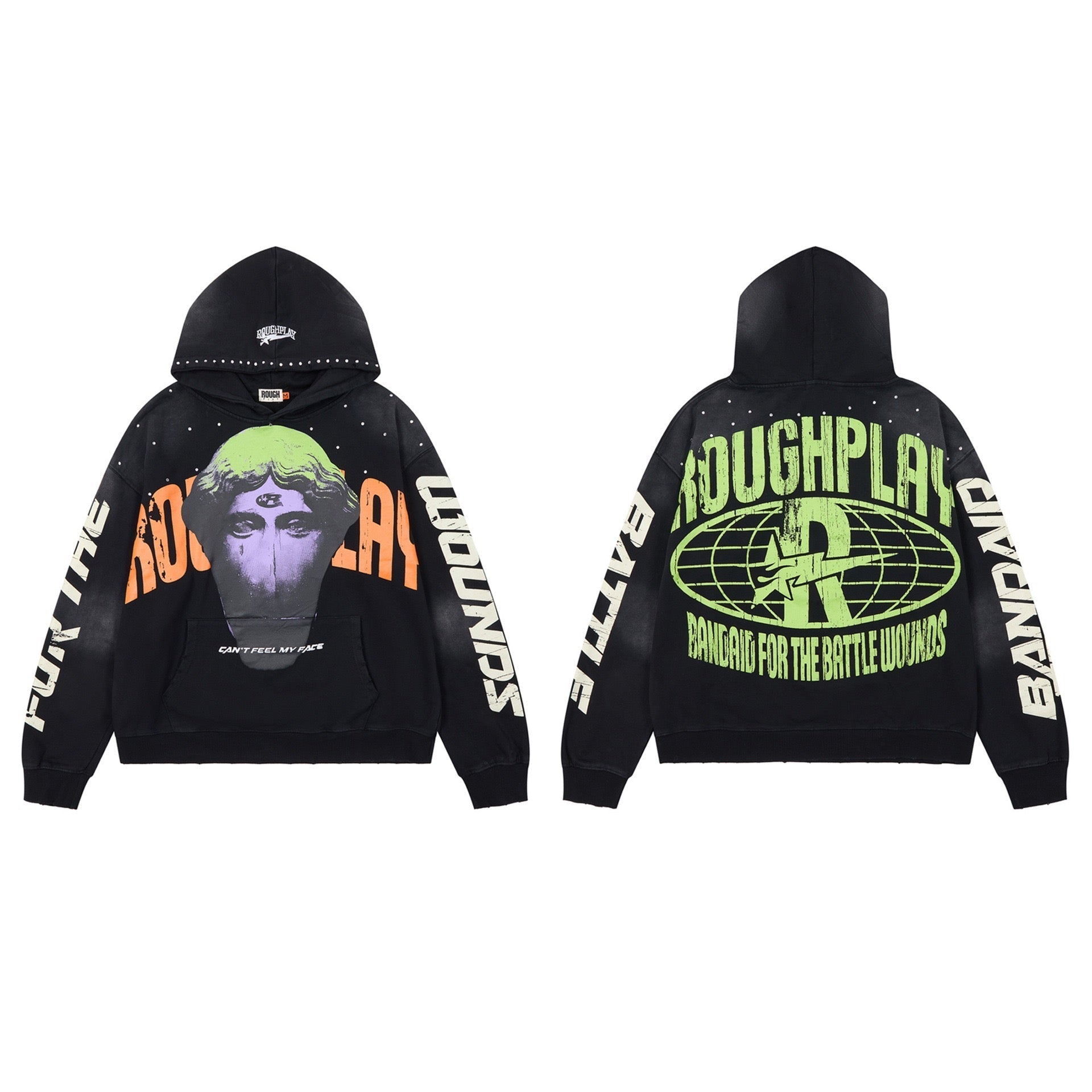 ROUGHPLAY Can't Feel My Face Graphic Oversized Hoodie – Vintage Washed Streetwear Pullover