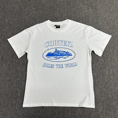 Blue Graphic Print White T-Shirt Unisex Streetwear Casual Short Sleeve Tee