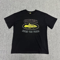 Yellow Graphic Print Black T-Shirt Unisex Streetwear Casual Short Sleeve Tee