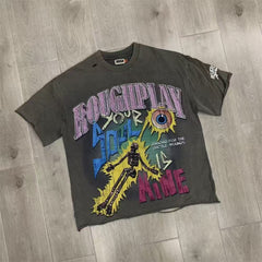Roughplay Cartoon Graphic Oversized T-Shirt – Vintage Washed Streetwear Tee with Rhinestone Print